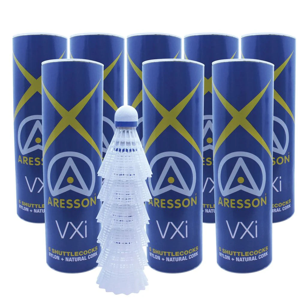 Eight blue Aresson VXI Shuttlecock tubes are in the background, with six white durable shuttlecocks stacked in front.
