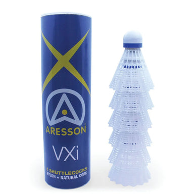 An Aresson VXI Shuttlecock tube stands beside six upright white nylon shuttlecocks with natural cork—ideal for training, these durable badminton shuttlecocks are by Aresson.