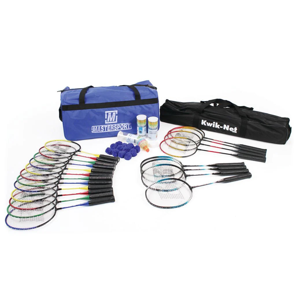 The Bishop Sports Badminton Foundation Kit by Bishop Sports is shown on a white background, featuring rackets with assorted colored handles, shuttlecock tubes, net posts, and two carrying bags—perfect for teacher or coach use.