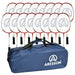The Aresson Vison X Badminton Racket Bag of 16 includes sixteen red-framed, black-handled rackets in a navy blue Aresson bag—perfect school sports equipment for group badminton training.