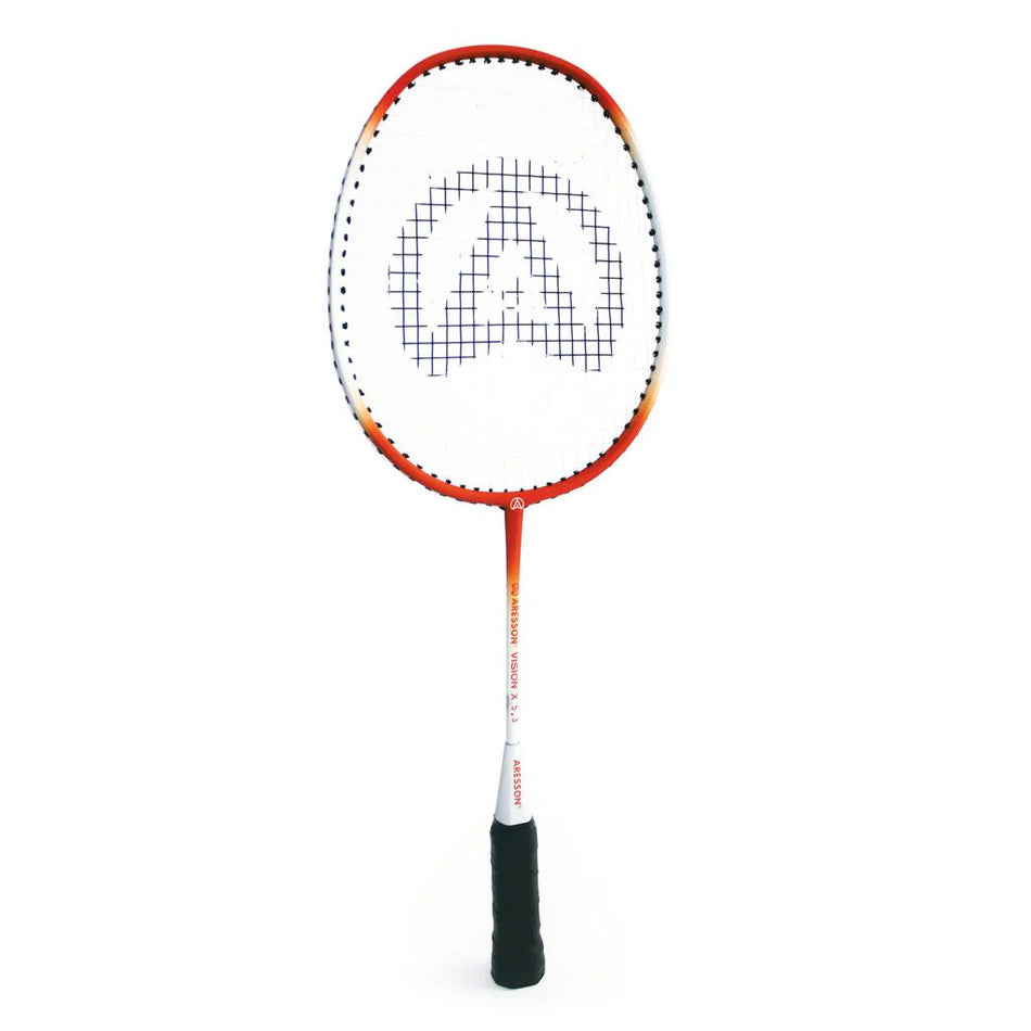 The Aresson Vison X Badminton Racket by Aresson is a red and white beginner racket with a black grip, displayed vertically on a white background. Perfect for schools, its strings highlight a bold central letter A design.