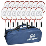Sixteen Aresson Vision X badminton rackets with white faces and black handles are arranged in a semicircle behind a navy blue Aresson bag, perfect for group training or PE lessons.