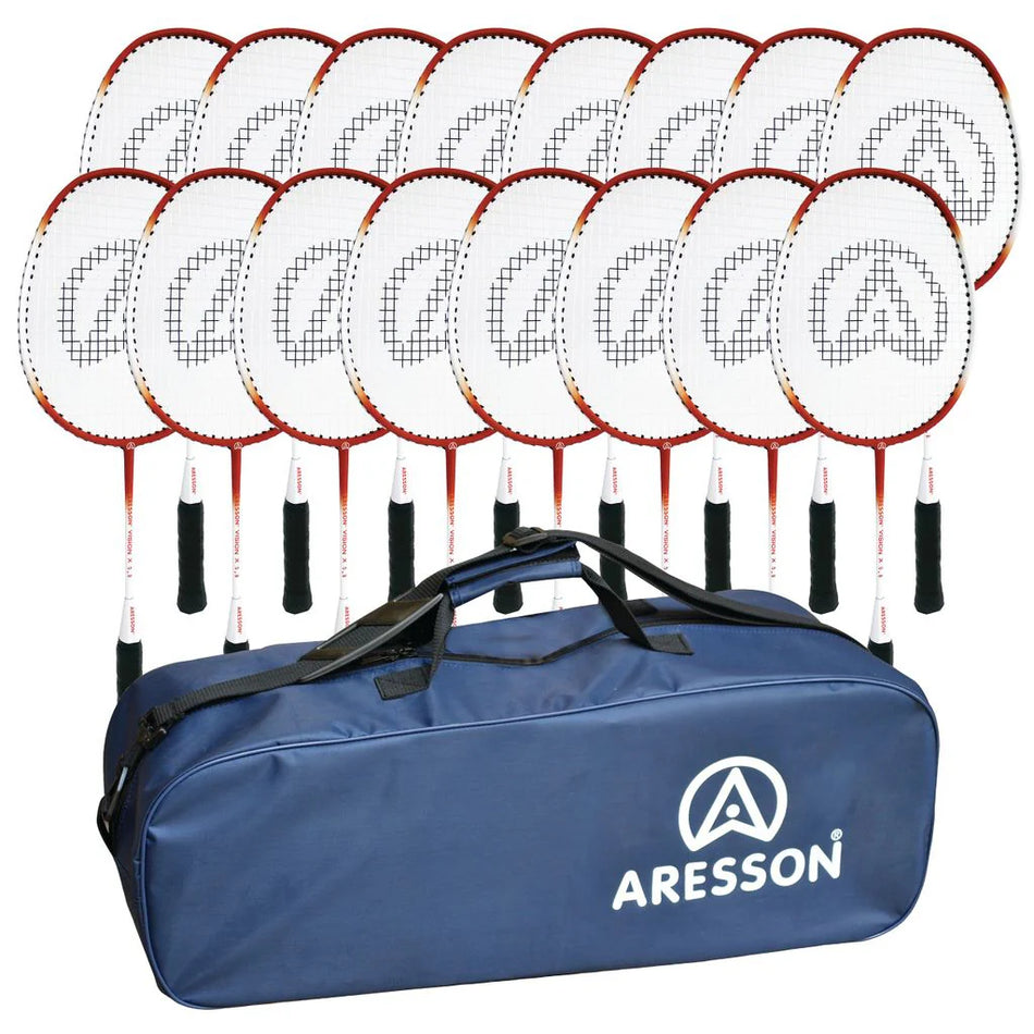 Sixteen Aresson Vision X badminton rackets with white faces and black handles are arranged in a semicircle behind a navy blue Aresson bag, perfect for group training or PE lessons.