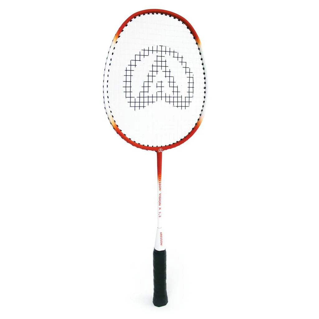 The Aresson Vison X Badminton Racket by Aresson, featuring a red and white frame, black grip, and logo pattern on its white strings, ideal for school sports, is photographed against a plain white background.