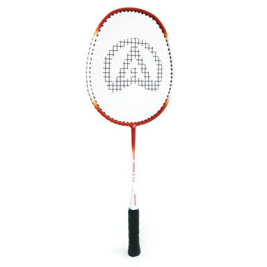 The Aresson Vison X Badminton Racket by Aresson, featuring a red and white frame, black grip, and logo pattern on its white strings, ideal for school sports, is photographed against a plain white background.