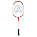 The Aresson Vison X Badminton Racket by Aresson, featuring a red and white frame, black grip, and logo pattern on its white strings, ideal for school sports, is photographed against a plain white background.