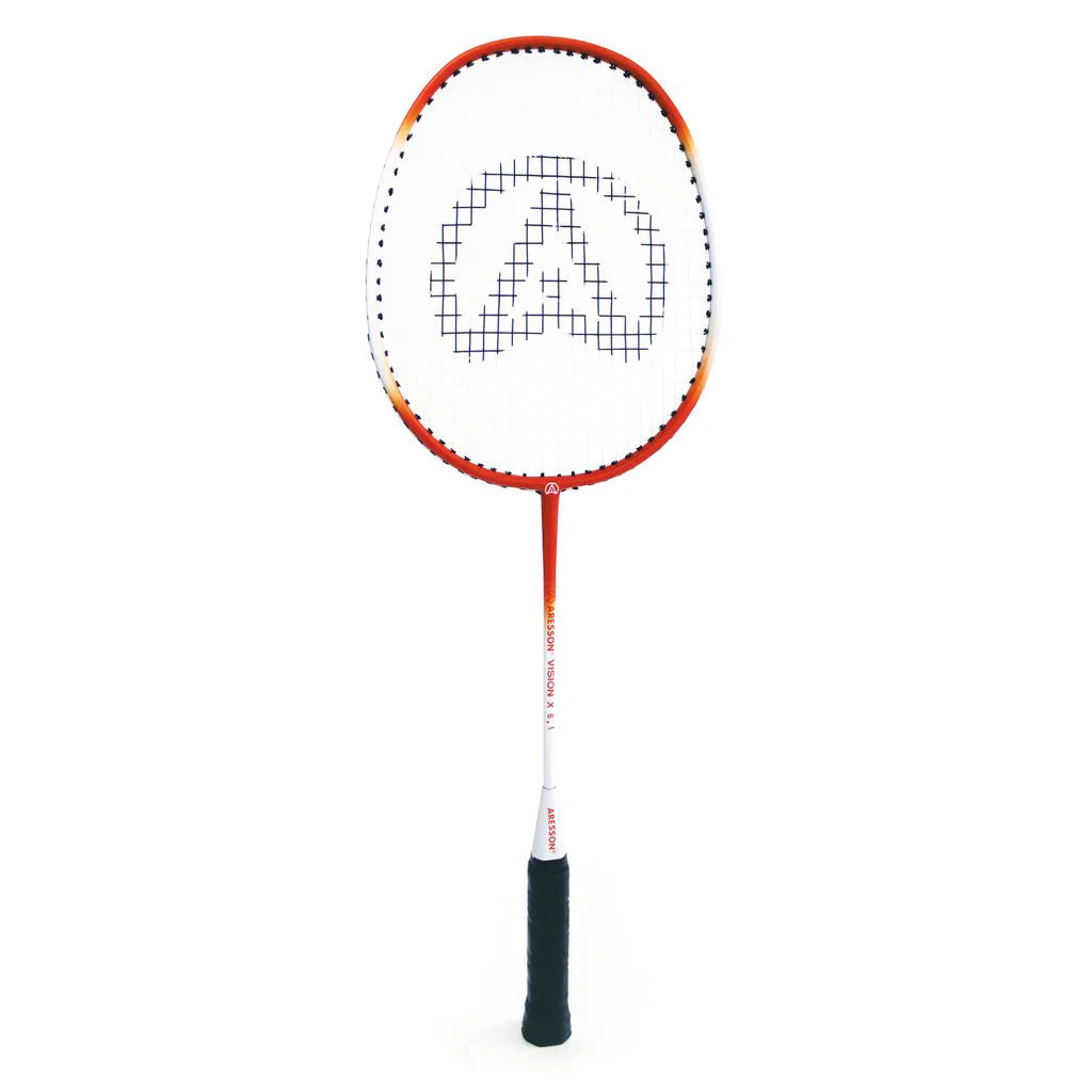 The Aresson Vison X Badminton Racket by Aresson features a red and white design, black grip, logo pattern on the strings, and is perfect for school sports or beginners. Displayed against a plain white background.