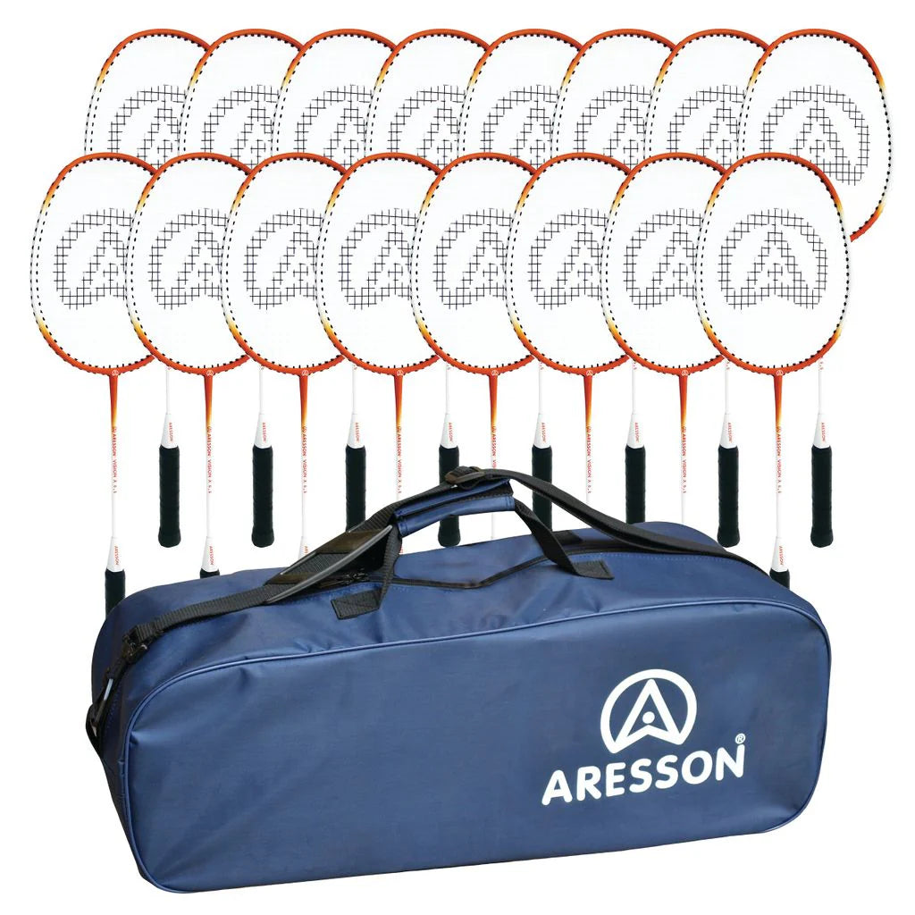 The Aresson Vison X Badminton Racket Bag of 16 holds sixteen rackets—ideal for school sports or group training. Each Aresson racket features a white face, orange trim, black handle, and displays the brand logo throughout.