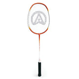 The Aresson Vison X Badminton Racket by Aresson features an orange and white frame, black grid strings, and a black grip handle—ideal for school sports—shown against a white background.
