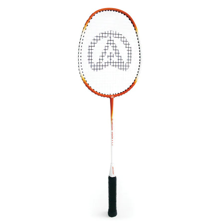 The Aresson Vison X Badminton Racket by Aresson features an orange and white frame, black grid strings, and a black grip handle—ideal for school sports—shown against a white background.