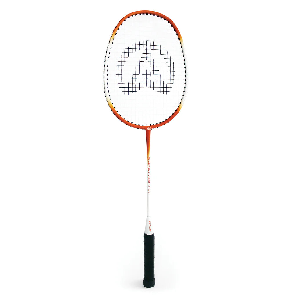 The Aresson Vison X Badminton Racket by Aresson features an orange and white frame, black grid strings, and a black grip handle—ideal for school sports—shown against a white background.