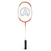 The Aresson Vison X Badminton Racket by Aresson features an orange and white frame, black grid strings, and a black grip handle—ideal for school sports—shown against a white background.