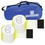 A blue Mastersport sports bag stands behind twenty Aresson Autocrat Badminton Rackets by Aresson, each with lightweight carbon shafts and aluminium frames, neatly stacked in two rows of ten, black handles pointing forward.
