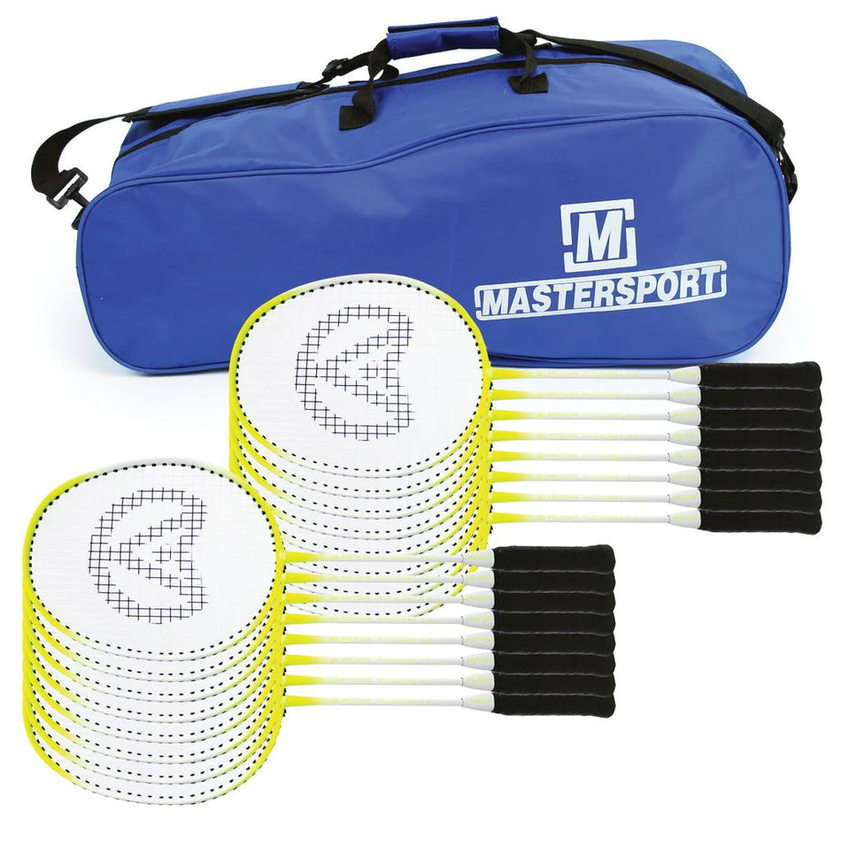 A blue Mastersport sports bag stands behind twenty Aresson Autocrat Badminton Rackets by Aresson, each with lightweight carbon shafts and aluminium frames, neatly stacked in two rows of ten, black handles pointing forward.