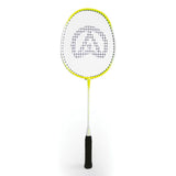 The Aresson Autocrat Badminton Racket by Aresson features a yellow and white frame, carbon shaft, black handle, and upright display on a plain white background. Its strings display a stylized "A" pattern in the center.