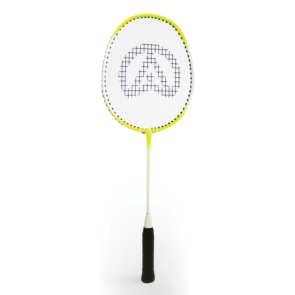 The Aresson Autocrat Badminton Racket by Aresson features a yellow and white frame, carbon shaft, black handle, and upright display on a plain white background. Its strings display a stylized "A" pattern in the center.