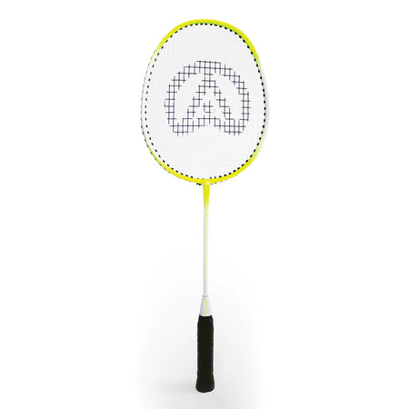The Aresson Autocrat Badminton Racket by Aresson features a yellow and white frame, carbon shaft, black handle, and upright display on a plain white background. Its strings display a stylized "A" pattern in the center.