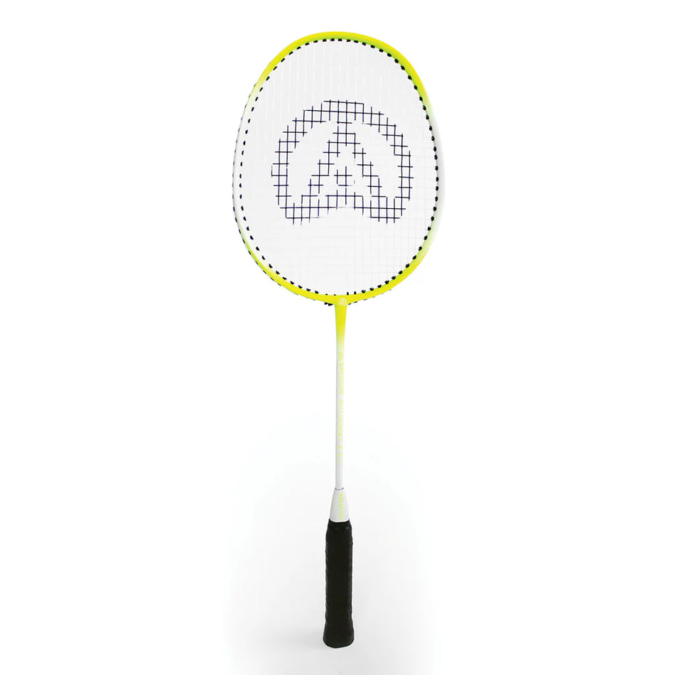 The Aresson Autocrat Badminton Racket by Aresson features a yellow and white frame, carbon shaft, black handle, and upright display on a plain white background. Its strings display a stylized "A" pattern in the center.