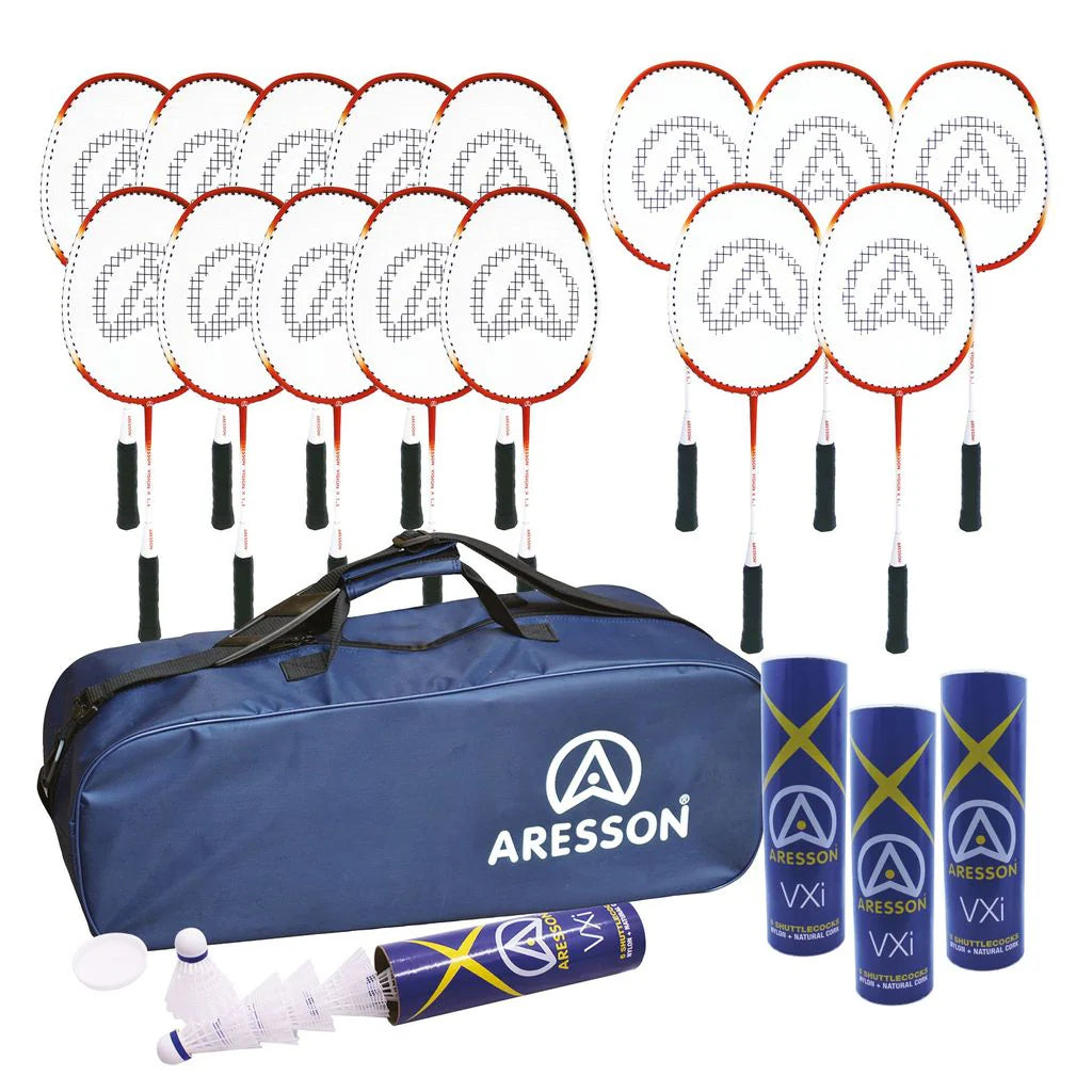 The Aresson Badminton Class Kit includes 12 school rackets, 3 shuttlecock tubes, 3 loose shuttlecocks, and a large blue Aresson sports bag, all shown against a white background.