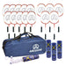 The Aresson Badminton Class Kit includes 12 school rackets, 3 shuttlecock tubes, 3 loose shuttlecocks, and a large blue Aresson sports bag, all shown against a white background.