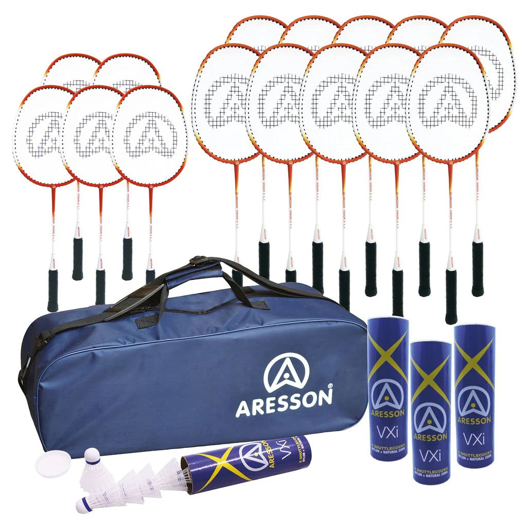 The Aresson Badminton Class Kit by Aresson features 12 durable rackets, three tubes plus several loose shuttlecocks, and a blue carrying bag, all shown on a white background.
