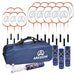 The Aresson Badminton Class Kit by Aresson features 12 durable rackets, three tubes plus several loose shuttlecocks, and a blue carrying bag, all shown on a white background.