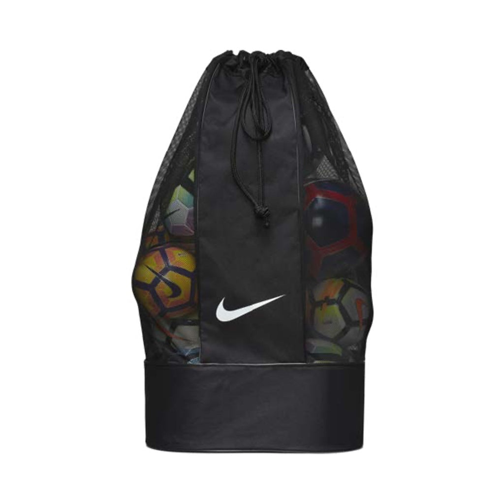 The Nike Club Team Ball Bag by Nike, featuring a white logo on black, holds multiple colorful soccer balls and sits against a plain white background—ideal for team gear or as a versatile soccer equipment bag.
