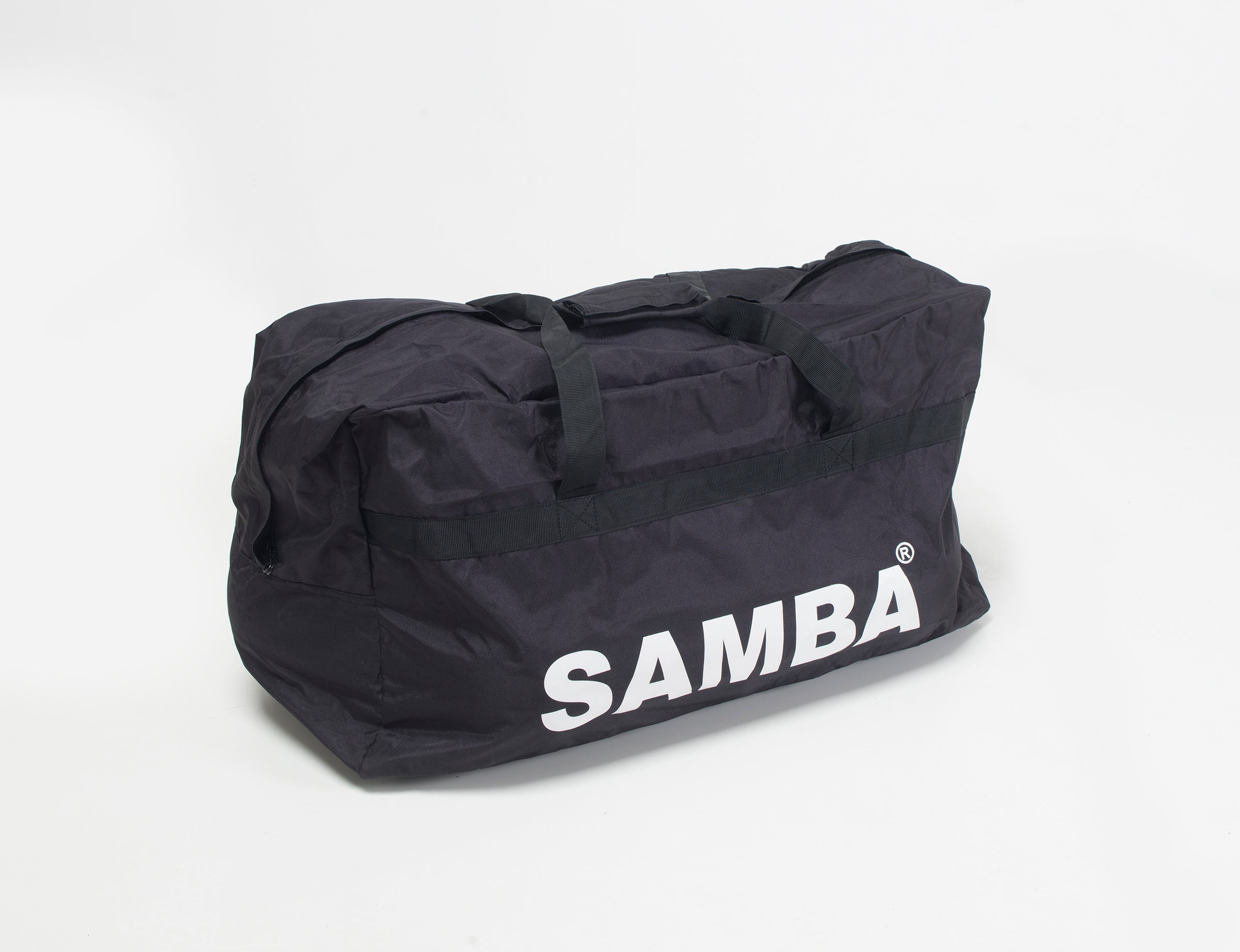 The Samba Sports Samba Team Kit Bag is a large black equipment bag with two handles, bold white "SAMBA" lettering on the side, and high-capacity storage, shown against a plain white background.