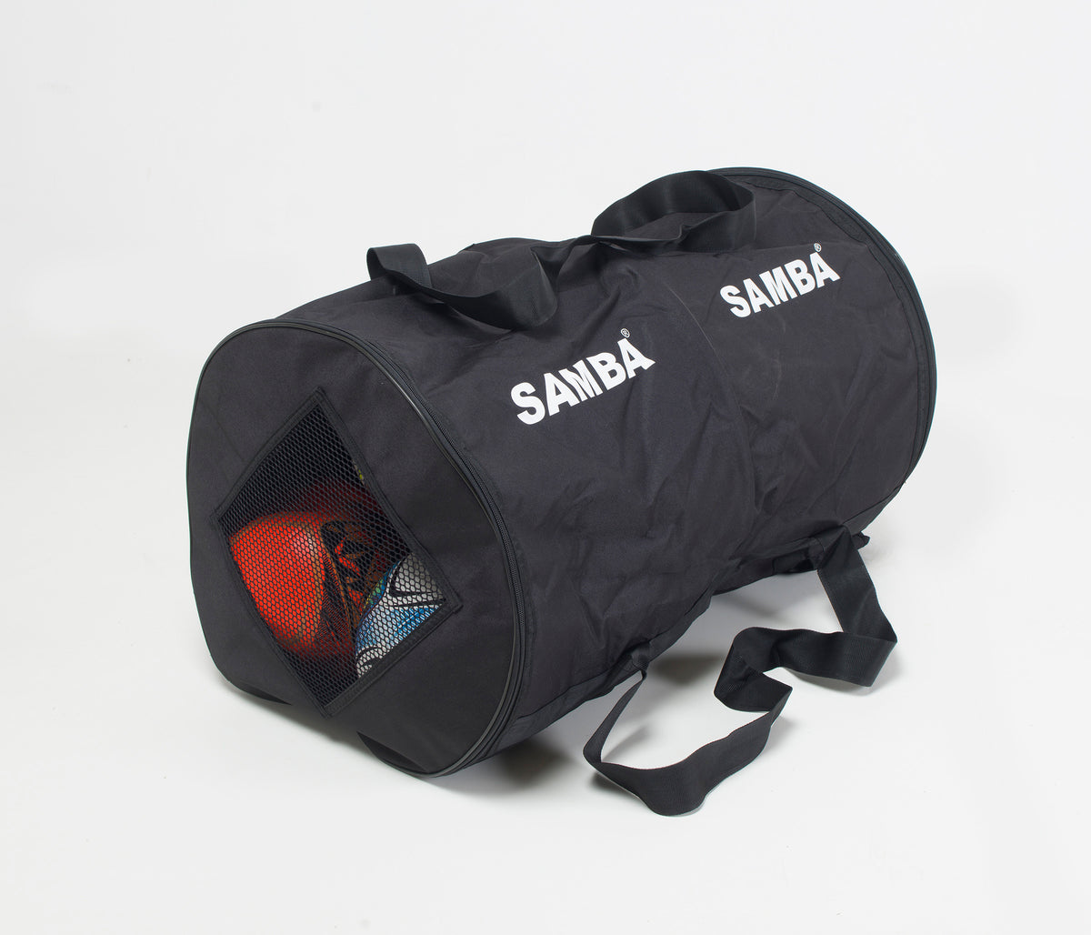 The Samba Senior Net Carry Bag by Samba Sports is a black cylindrical bag with handles, "SAMBA" branding, and mesh at one end to display your sports balls—perfect for carrying your football nets and gear.