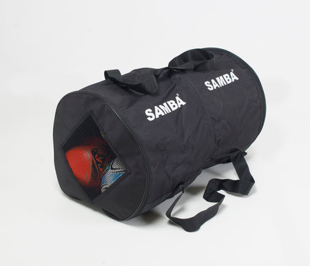 The Samba Senior Net Carry Bag by Samba Sports is a black cylindrical bag with handles, "SAMBA" branding, and mesh at one end to display your sports balls—perfect for carrying your football nets and gear.