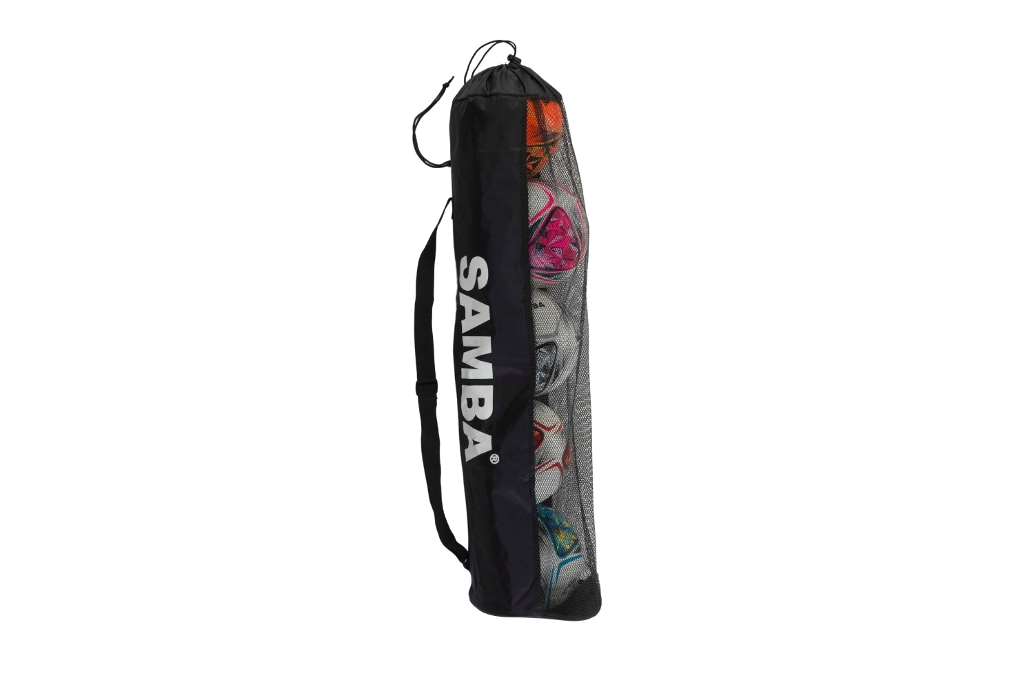 A black mesh Samba Sports 5-Ball Tube holds several colorful size 5 footballs and features a shoulder strap plus a drawstring closure.