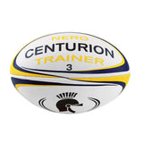 The Centurion Nero Trainer Rugby Ball - Ten Pack features durable, white rugby balls with yellow and blue accents and a stylized helmet graphic—perfect as reliable training balls from Centurion.