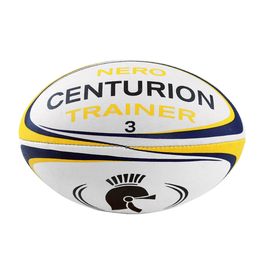 The Centurion Nero Trainer Rugby Ball - Ten Pack features durable, white rugby balls with yellow and blue accents and a stylized helmet graphic—perfect as reliable training balls from Centurion.