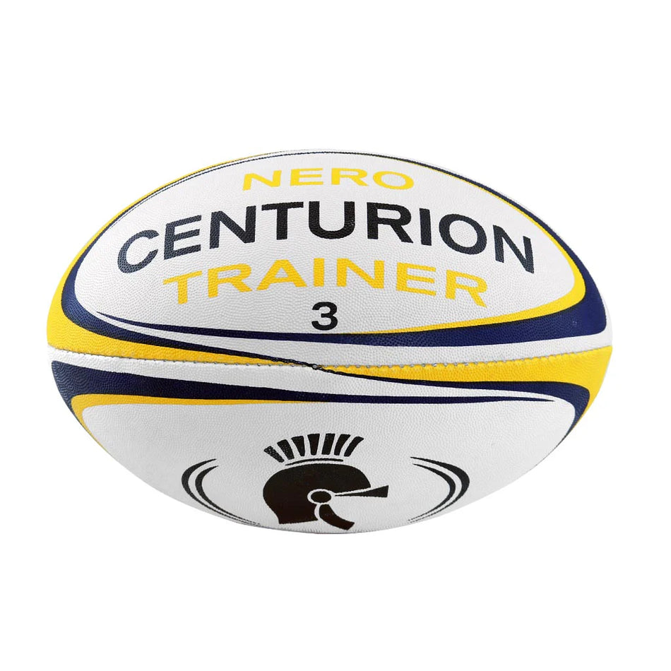 The Centurion Nero Trainer Rugby Ball - Ten Pack features durable, white rugby balls with yellow and blue accents and a stylized helmet graphic—perfect as reliable training balls from Centurion.