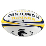 The Centurion Nero Trainer Rugby Ball - Ten Pack by Centurion features durable white balls with yellow and navy blue accents, each labeled "Nero Centurion Trainer 4" with a centurion helmet graphic—ideal for rugby training.