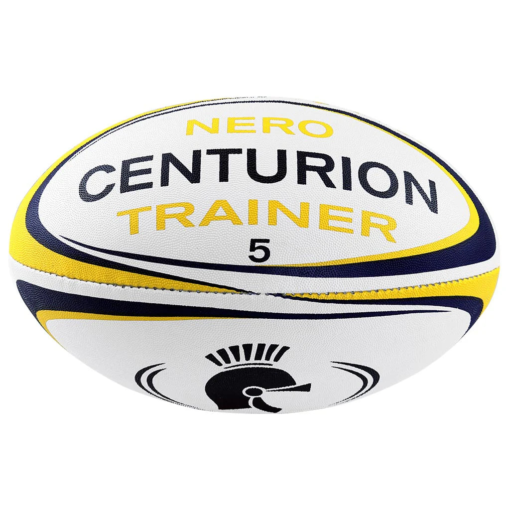 The Centurion Nero Trainer Rugby Ball - Ten Pack by Centurion features durable white rugby balls with yellow and navy blue accents, "NERO CENTURION TRAINER 5" text, and a gladiator helmet graphic—perfect for training sessions.