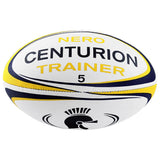 The Centurion Nero Trainer Rugby Ball - Ten Pack by Centurion features durable white rugby balls with yellow and navy blue accents, "NERO CENTURION TRAINER 5" text, and a gladiator helmet graphic—perfect for training sessions.