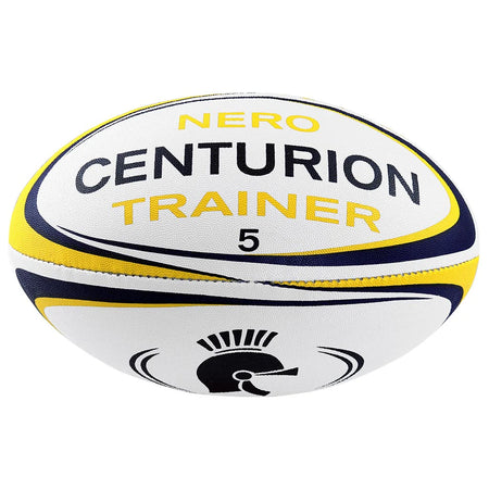 The Centurion Nero Trainer Rugby Ball - Ten Pack by Centurion features durable white rugby balls with yellow and navy blue accents, "NERO CENTURION TRAINER 5" text, and a gladiator helmet graphic—perfect for training sessions.