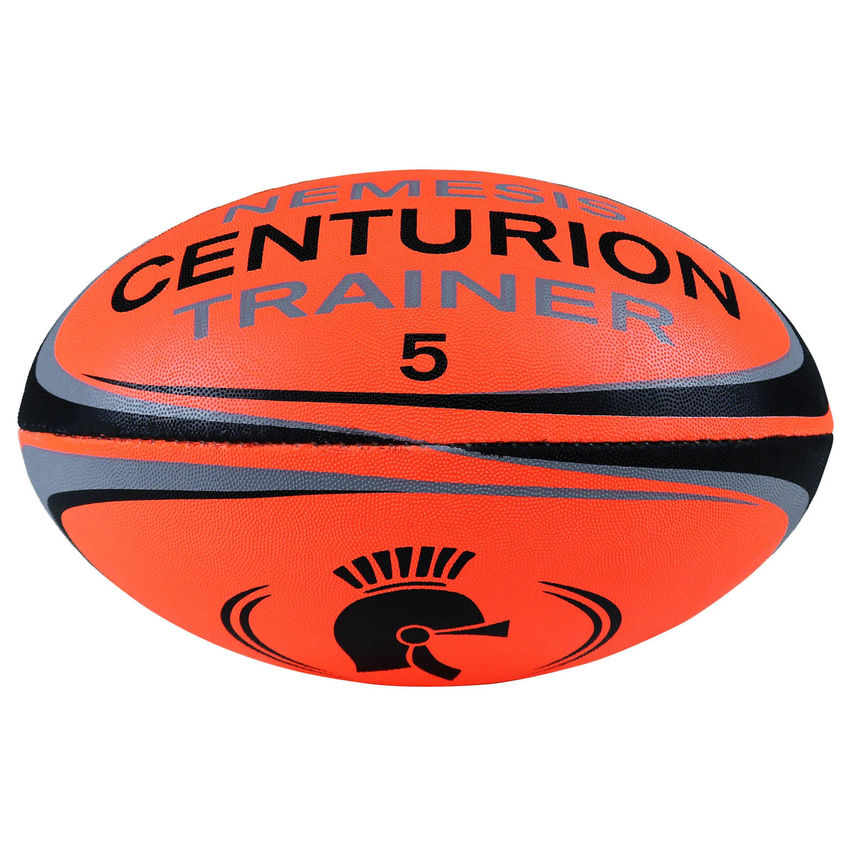 The Centurion Nemesis Fluo Training Rugby Ball in fluo orange features bold black and gray accents plus a Spartan helmet graphic—perfect as a training rugby ball.