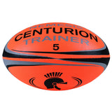 The Centurion Nemesis Fluo Training Rugby Ball in fluo orange features bold black and gray accents plus a Spartan helmet graphic—perfect as a training rugby ball.