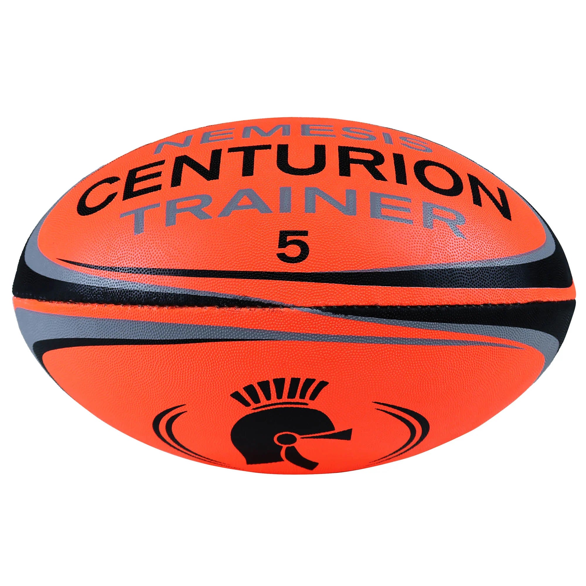 The Centurion Nemesis Fluo Training Rugby Ball in fluo orange features bold black and gray accents plus a Spartan helmet graphic—perfect as a training rugby ball.