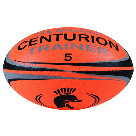 The Centurion Nemesis Fluo Training Rugby Ball in fluo orange features bold black and gray accents plus a Spartan helmet graphic—perfect as a training rugby ball.