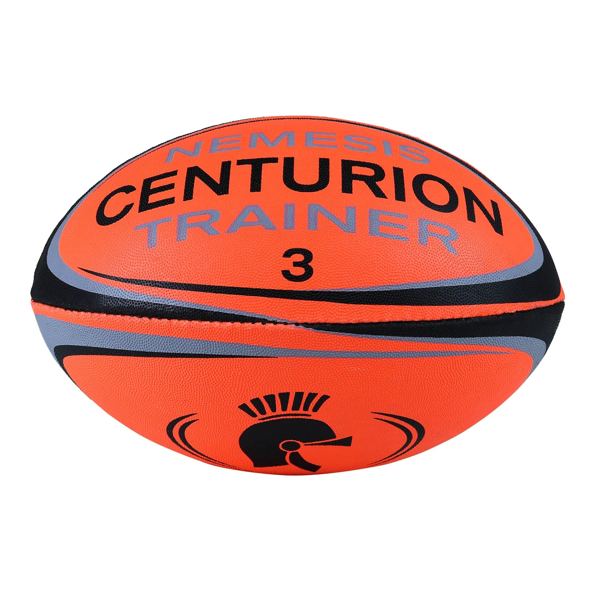The Centurion Nemesis Fluo Training Rugby Ball by Centurion features a fluo orange color and is designed for durability, making it ideal for intense training sessions.