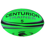 The Centurion Nemesis Fluo Training Rugby Ball, in fluo green with black and gray accents, features a durable design and high visibility. "NEMESIS CENTURION TRAINER 5" and a black Roman helmet graphic are printed on this ideal training ball.