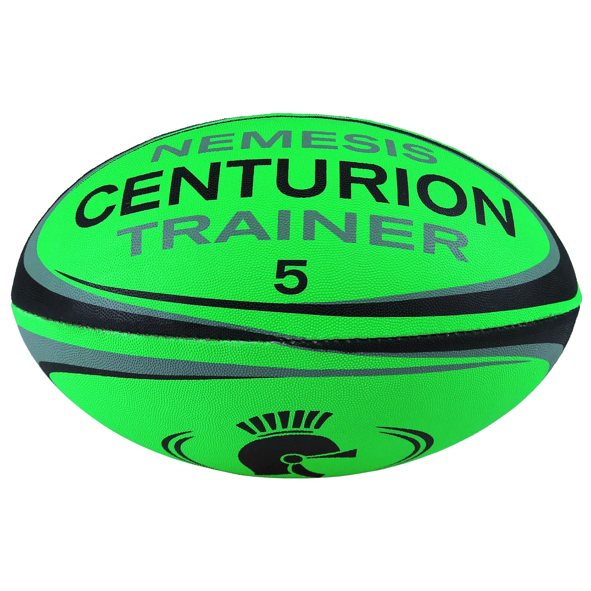 The Centurion Nemesis Fluo Training Rugby Ball, in fluo green with black and gray accents, features a durable design and high visibility. "NEMESIS CENTURION TRAINER 5" and a black Roman helmet graphic are printed on this ideal training ball.
