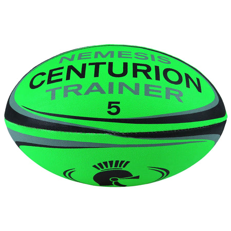 The Centurion Nemesis Fluo Training Rugby Ball, in fluo green with black and gray accents, features a durable design and high visibility. "NEMESIS CENTURION TRAINER 5" and a black Roman helmet graphic are printed on this ideal training ball.