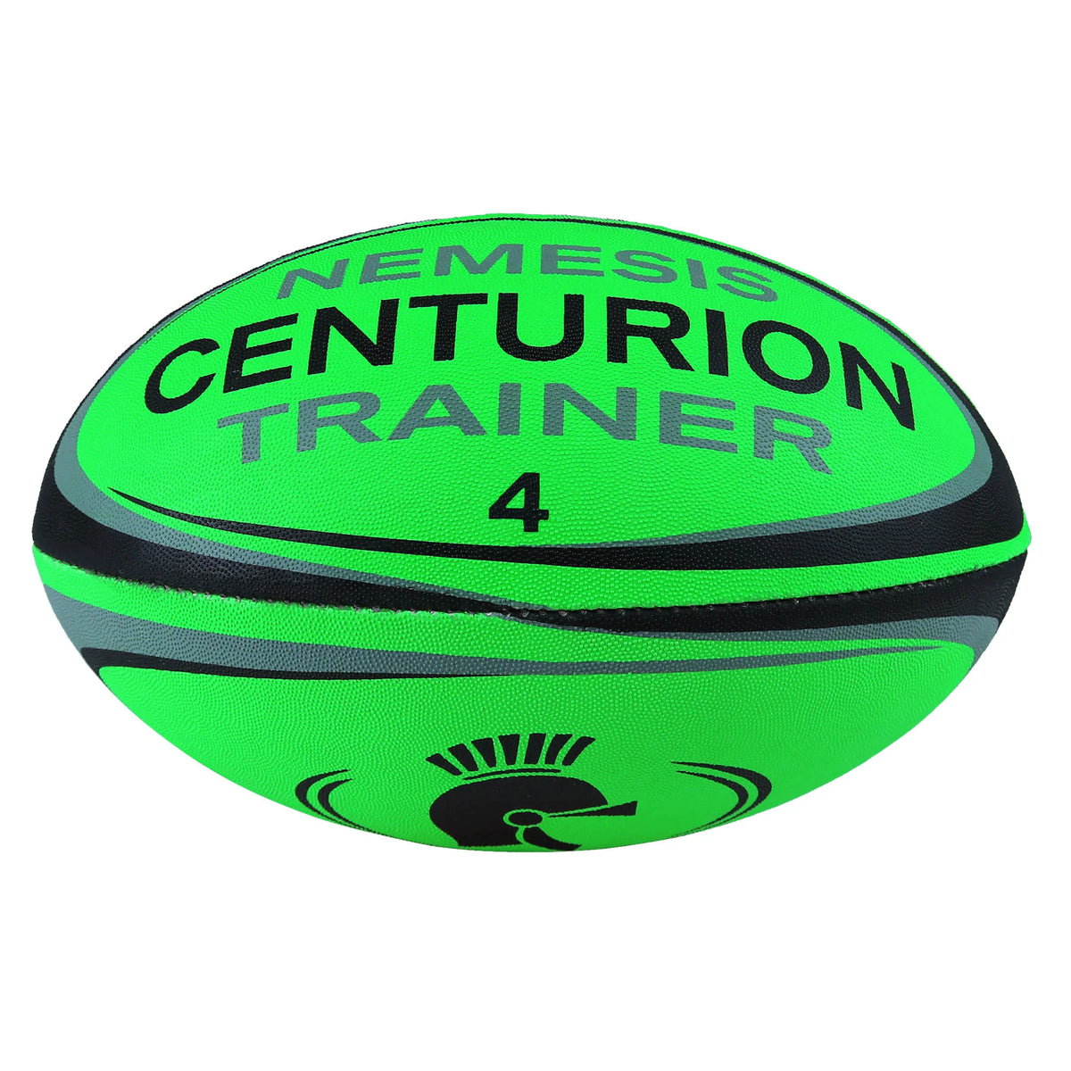 The Centurion Nemesis Fluo Training Rugby Ball is a durable, fluo green training ball with black and gray accents, featuring the Centurion logo—ideal for high-visibility rugby practice.