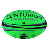 The Centurion Nemesis Fluo Training Rugby Ball is a durable, fluo green training ball with black and gray accents, featuring the Centurion logo—ideal for high-visibility rugby practice.