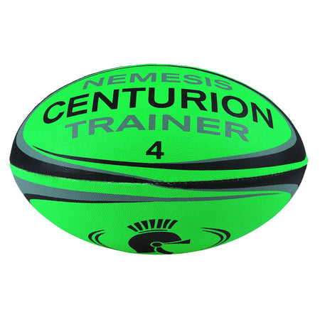 The Centurion Nemesis Fluo Training Rugby Ball is a durable, fluo green training ball with black and gray accents, featuring the Centurion logo—ideal for high-visibility rugby practice.