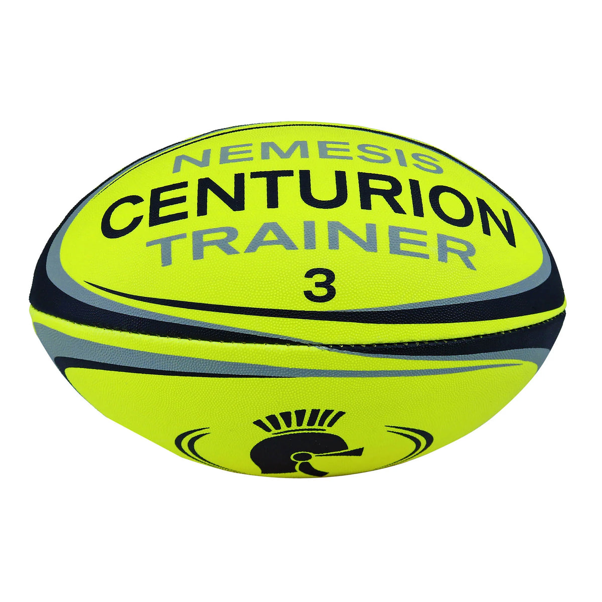 The Centurion Nemesis Fluo Training Rugby Ball is a durable, high-visibility ball in fluo yellow, featuring the Centurion brand name and logo.
